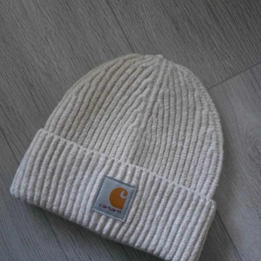 Carhartt Cream Ribbed Cuffed Beanie with Logo Patch